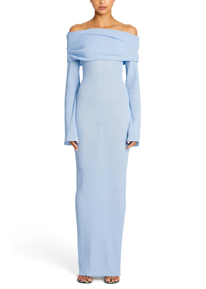 Long-sleeved Off-shoulder Pleated Knit Maxi Dress