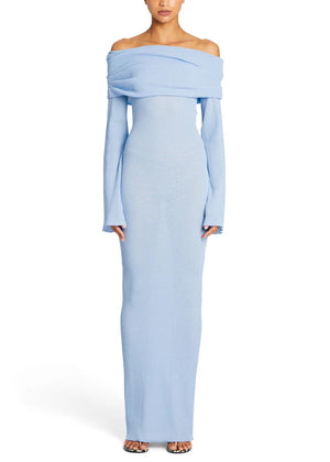 Long-sleeved Off-shoulder Pleated Knit Maxi Dress