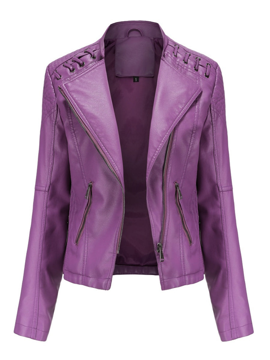 Short Slim Fit Thin Three-dimensional Decoration Leather Jacket