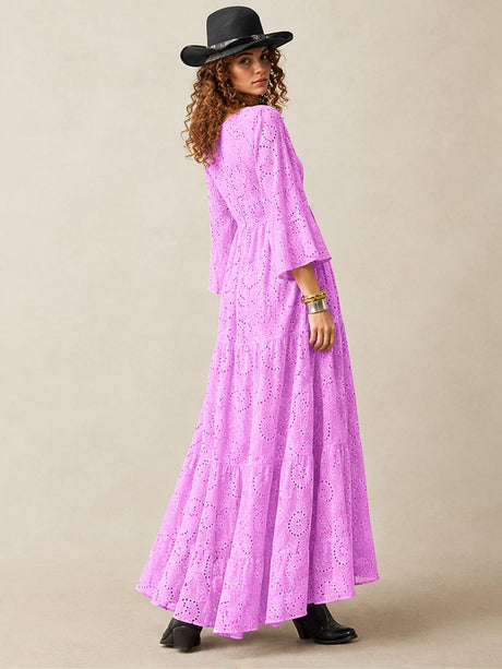 Lace Cutout V-neck Buttons  Flare Sleeve Maxi Dresses
