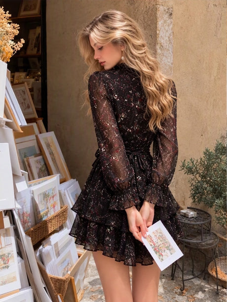 Turtleneck Wood Ear Belts Floral Mini&Short Dresses