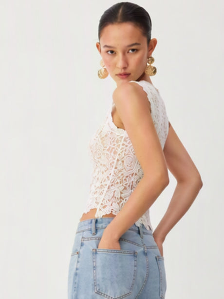 Lace Trim Crew Neck Tank Tops&Camis