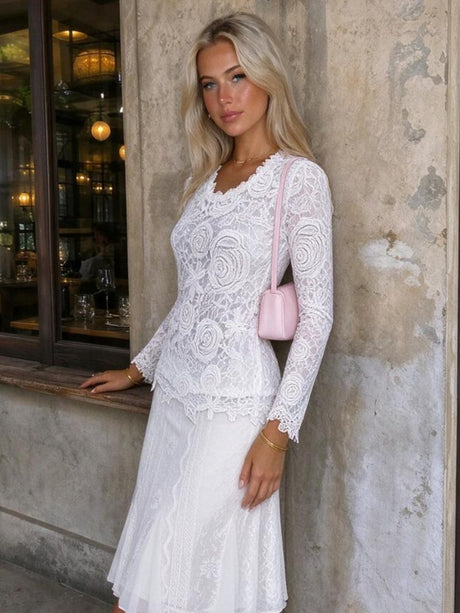 Lace Trim Crew Neck Long-sleeved T-shirt