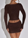 Rhinestone-studded Long-sleeved T-shirt And Skirt Two-piece Set