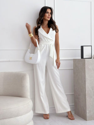 V-neck High-waisted Jumpsuit With A Fitted Waist And Tie