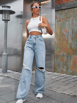 Hole High Waist Wide Leg Leisure Jeans