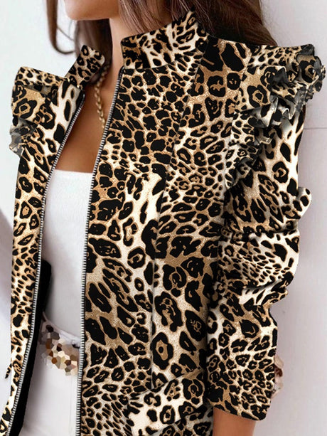 Ruffled Long-sleeved Printed Zipper Blazer