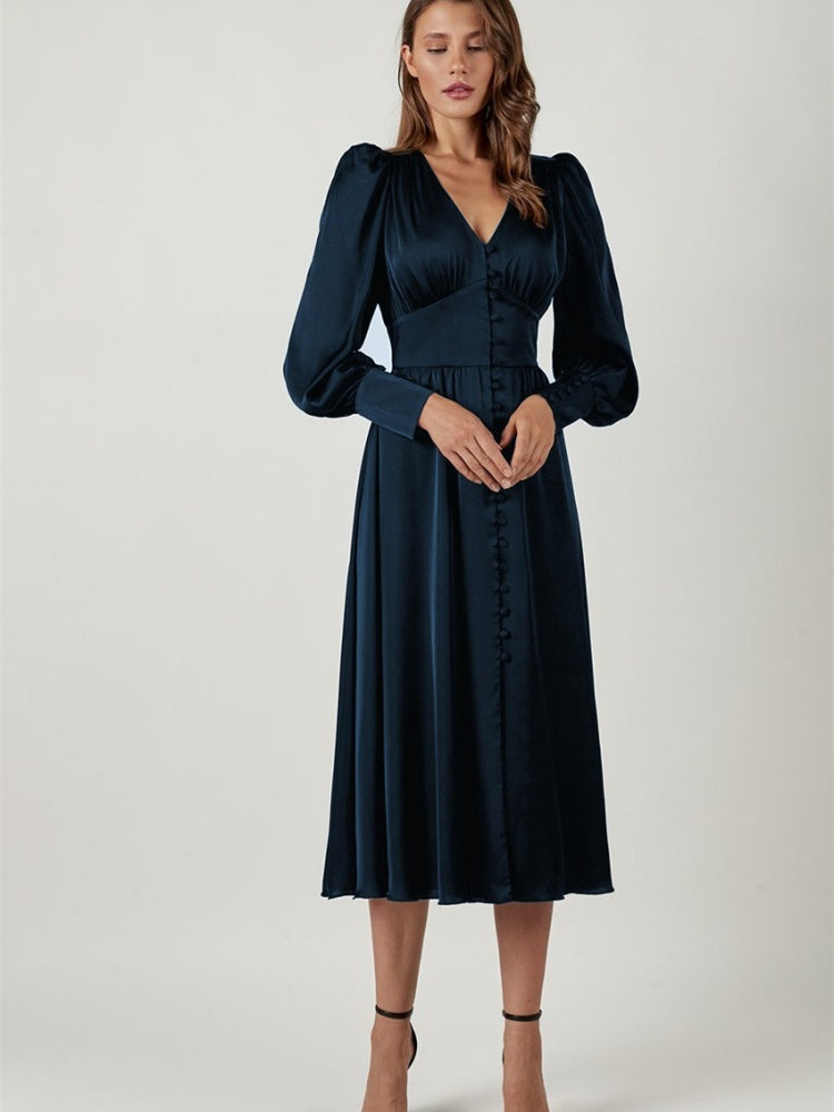 V-neck Satin Waist Retro Maxi Dresses