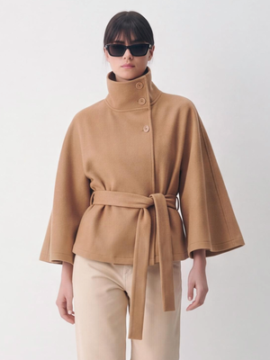 Stand Collar Large Sleeves Buttons Straps Solid Color Coats
