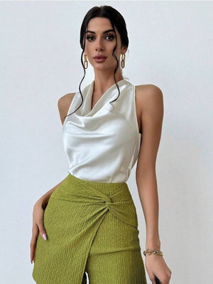 Pleats Solid Color Sexy Sleeveless Satin Satin Vest