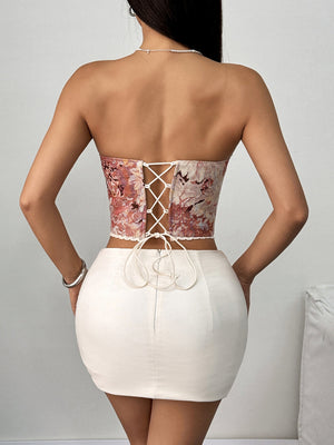 Floral Print Strapless Lace Tethered Fish Bones Strapless Bra