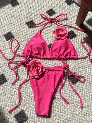 Solid Color Rose Drawstring Two-piece Swimsuit Bikini
