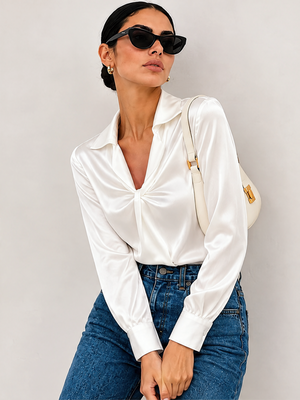 Solid Color Satin Pleated Long Sleeve Blouse&Shirts