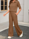Collared Short-sleeved Top And Elastic Wide-leg Pants Two-piece Set