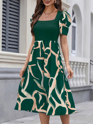 Commuting Knitting Printed Square Collar Puff Sleeve Midi Dresses