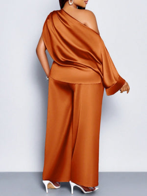 Satin Sloping Shoulders Short Sleeve Jacket Wide-leg Pants Set 2-piece Sets