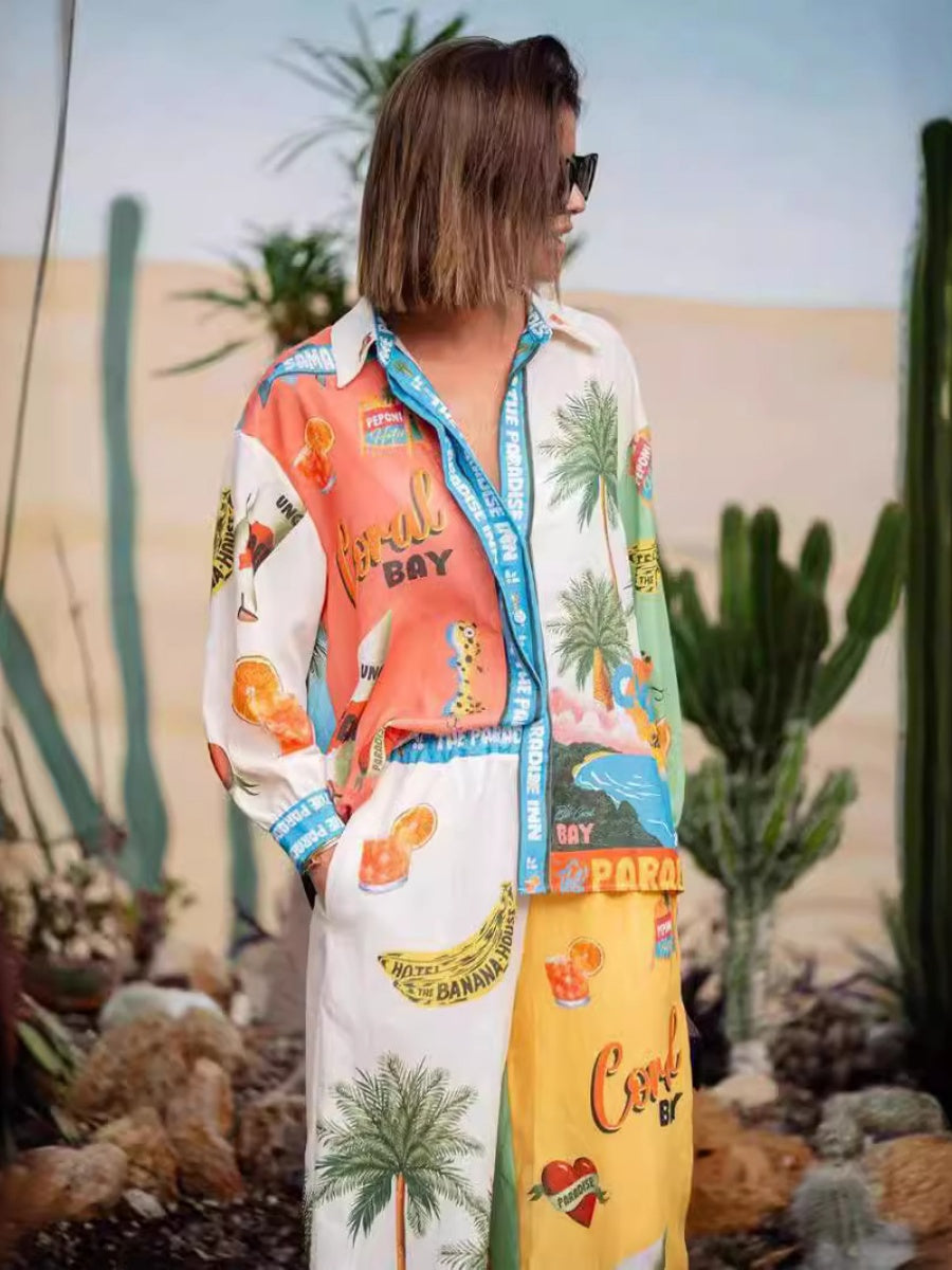 Ensemble deux pièces de chemises à manches longues en lin à imprimé macarons