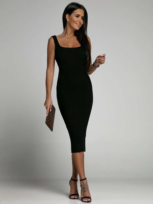 Off-shoulder Sleeveless U-neck Bodycon Ribbed Stripe Midi Dresses