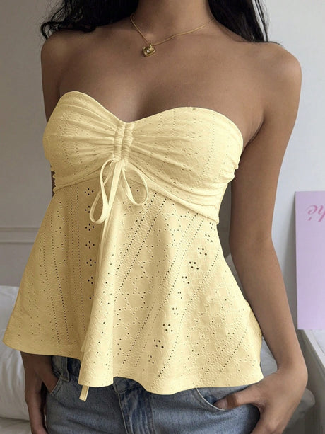 Drawstring Bow Openwork Strapless Vest