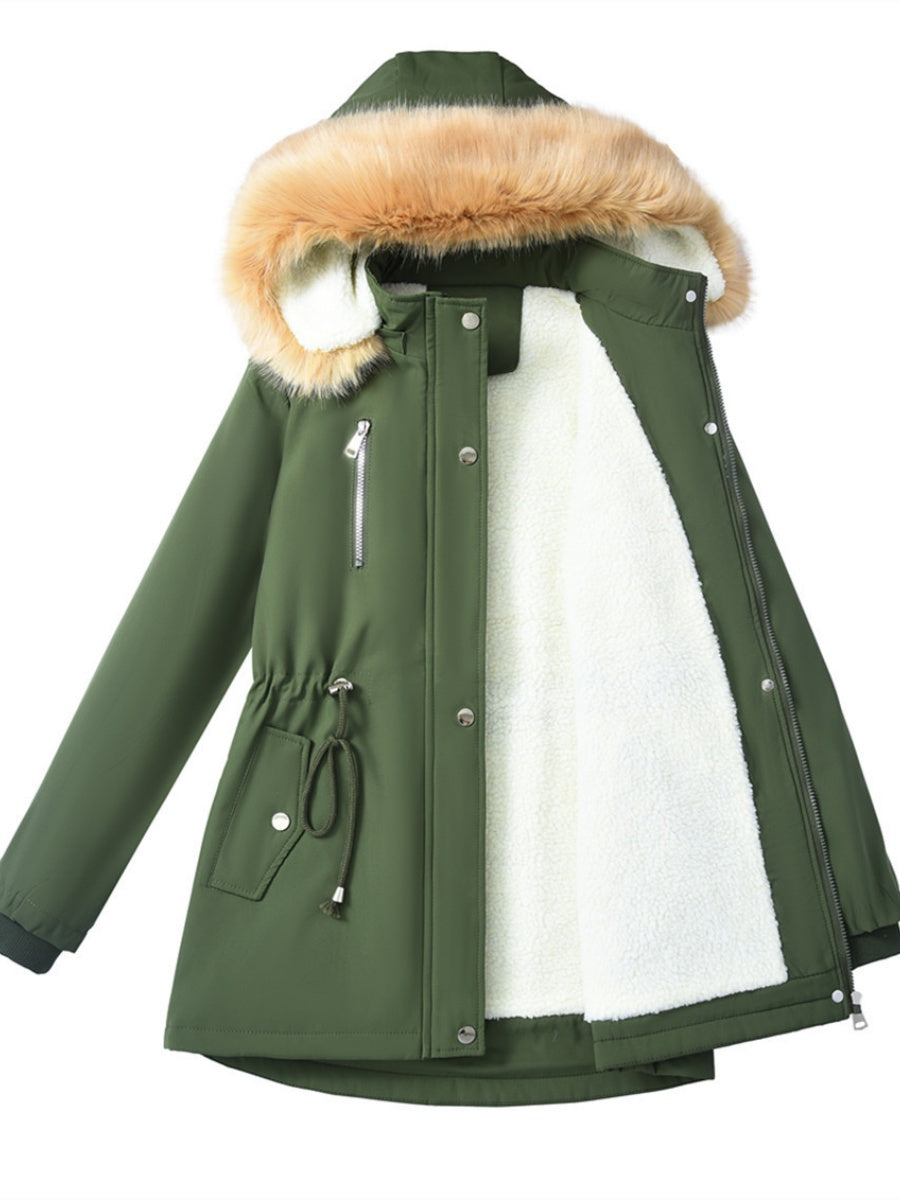 Mid-length Raincoat Water Proof Outdoor Drawstring Fur Collar Cotton-padded Jackets And Windbreakers