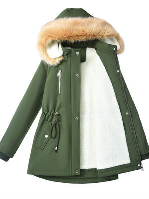 Mid-length Raincoat Water Proof Outdoor Drawstring Fur Collar Cotton-padded Jackets And Windbreakers