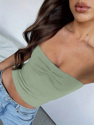 Navel-length Solid Color Strapless Top