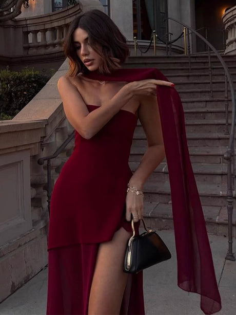 Tube Top Irregular Mesh Splicing Slits Long Skirt Wear A Scarf