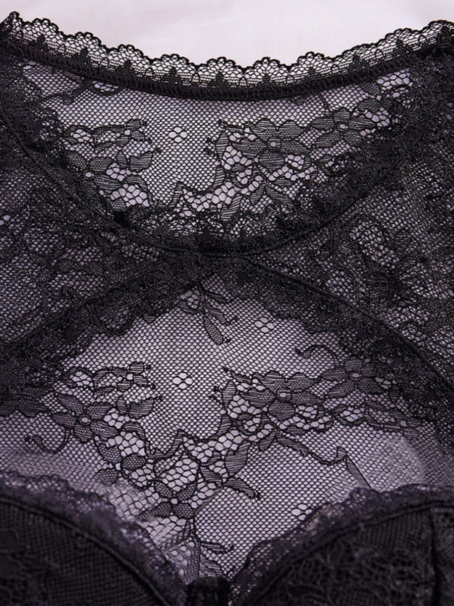 Lace Trim Splicing Mesh Perspective Bodysuits