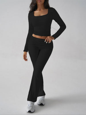 Leisure Navel Solid Color Long-sleeved Two-piece Suit