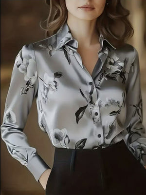 Printed Single-breasted Slim-fit Satin Casual Shirts