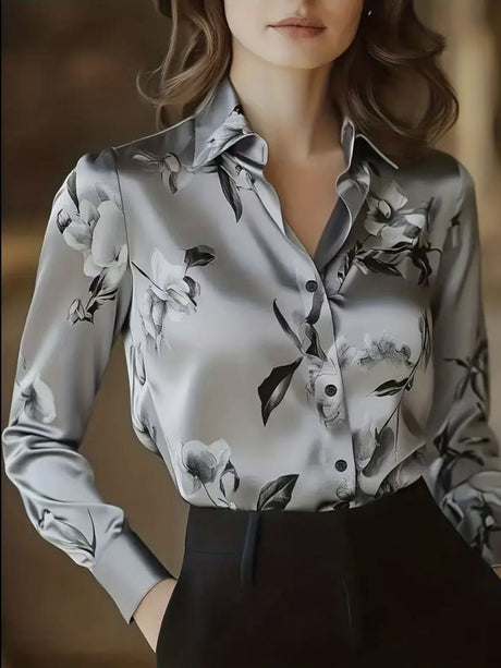 Printed Single-breasted Slim-fit Satin Casual Shirts