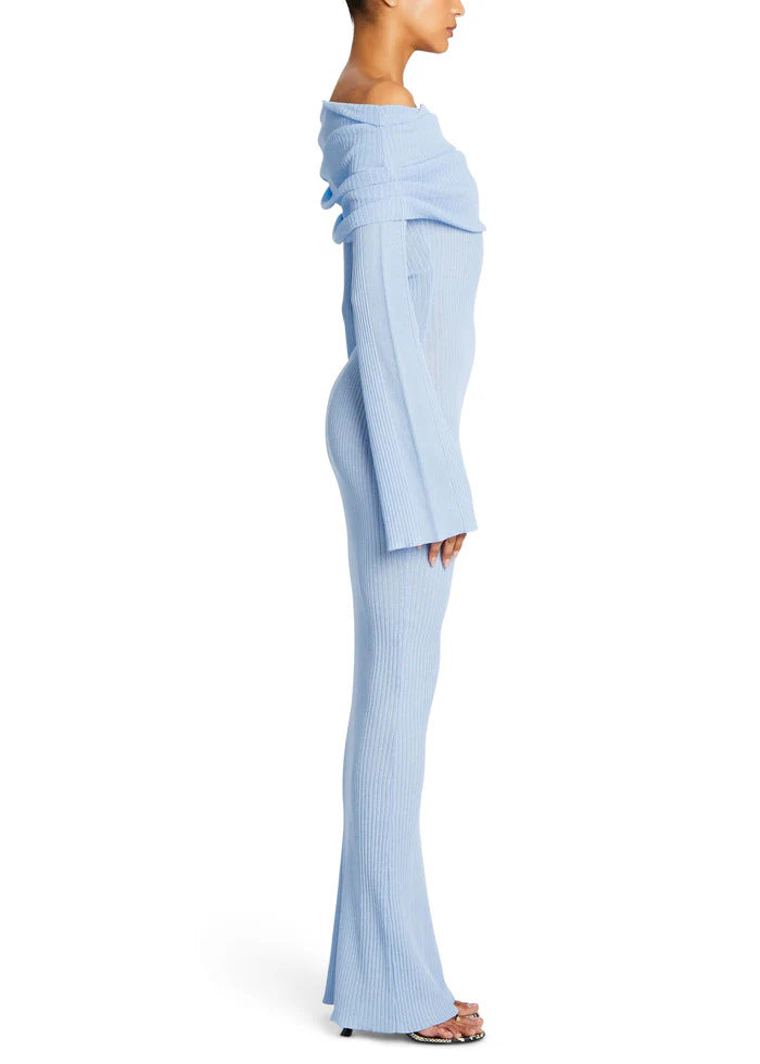 Long-sleeved Off-shoulder Pleated Knit Maxi Dress
