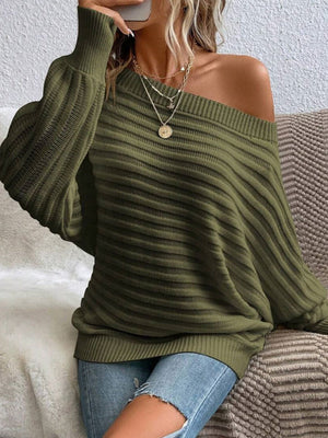 Solid Color 3D Striped Off-shoulder Batwing Sleeve Pullover Knit Sweater