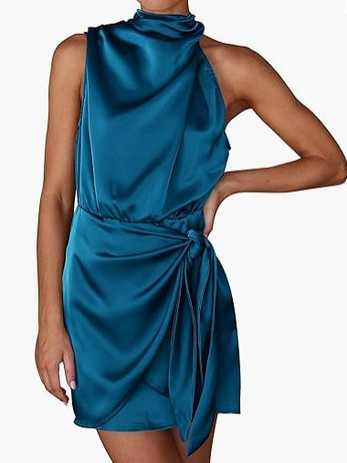 Satin Belted Sleeveless Stand Collar Tie Waist Short Dress