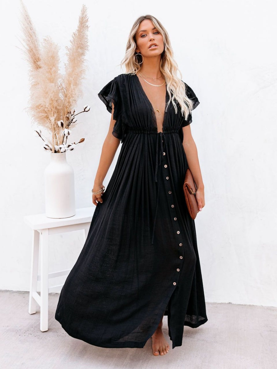 Bamboo-joint Fabric Button Waist Rope Long Cardigan Vacation Beach Jacket Sun Protection Long Skirt Bikini Cover-up