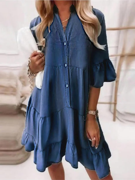 Washed Cotton Three-quarter Sleeve A-line Denim Midi Dress