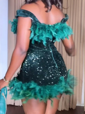 Sequined Backless Off Shoulder Feather Hip Mini&Short Dresses