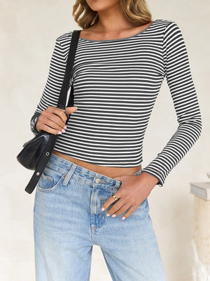 Simplicity Contrasting Colors Stripes Backless Long Sleeve T-shirts