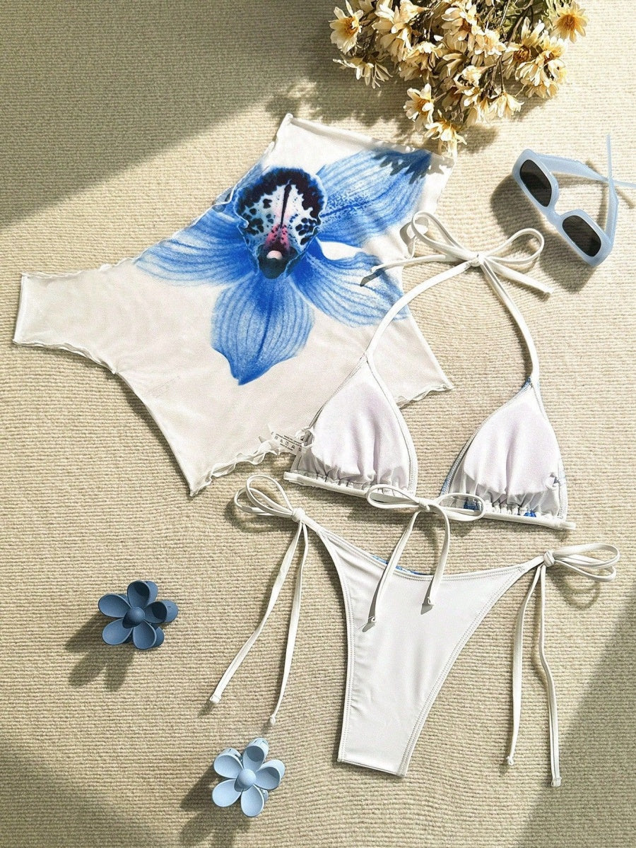 Finalized Floral Print Tie-up Bikini Three-piece Set