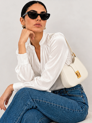 Satin Stand Collar Puff Sleeve Long Sleeve Blouse&Shirts
