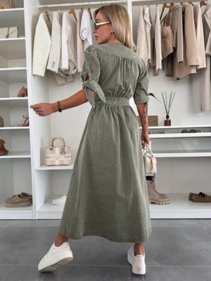 V-neck Short-sleeved Loose-fitting Denim Button-down Long Dress