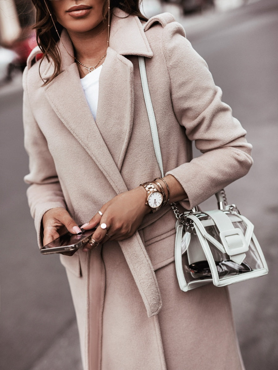 Simple Long-sleeved V-neck Tie Woolen Solid Color Coats