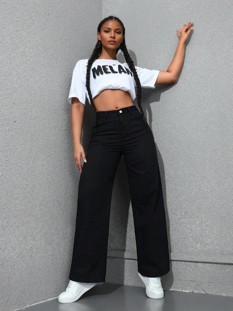 High Waist Wash Water Straight Jeans