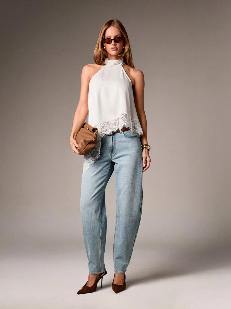 Halter Neck Lace Irregular Hem Spaghetti Strap