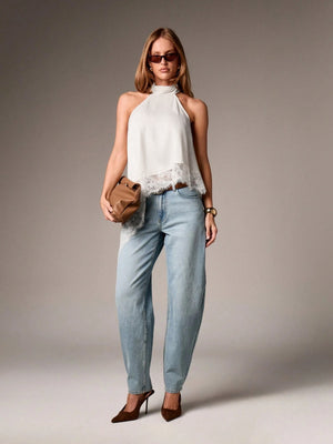 Halter Neck Lace Irregular Hem Spaghetti Strap