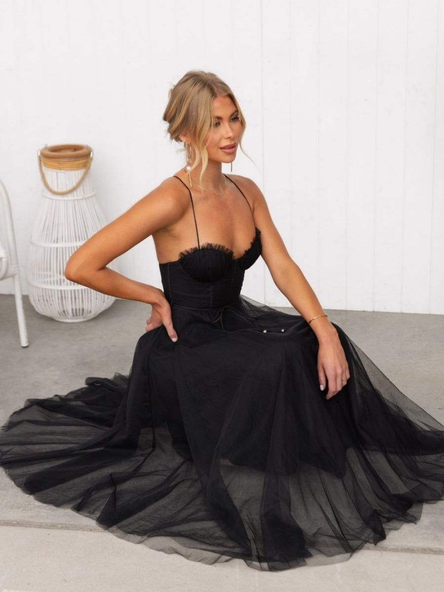 Mesh Lace Up Fishbone Camisoles Midi Dresses