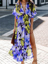 V-neck Short-sleeved Floral Print High-slit Long Dress