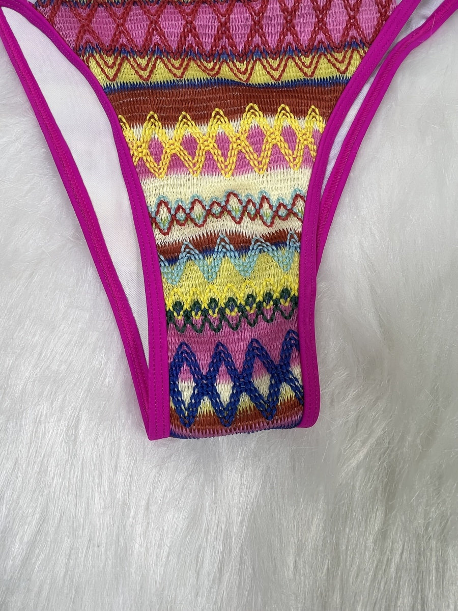 Knitted Color-blocked Striped Tie-up Bikini