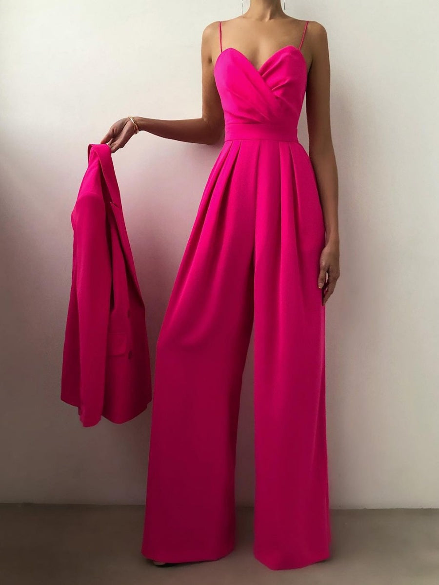 Minimalist Jumpsuit With Suspenders, Cinched Waist, Straight Leg, And Floor-length
