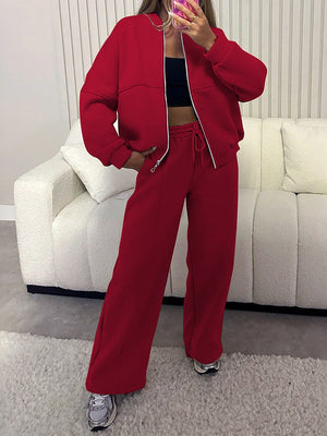 Sporty Style Long-sleeved Jacket Solid Color Trousers Two-piece Set